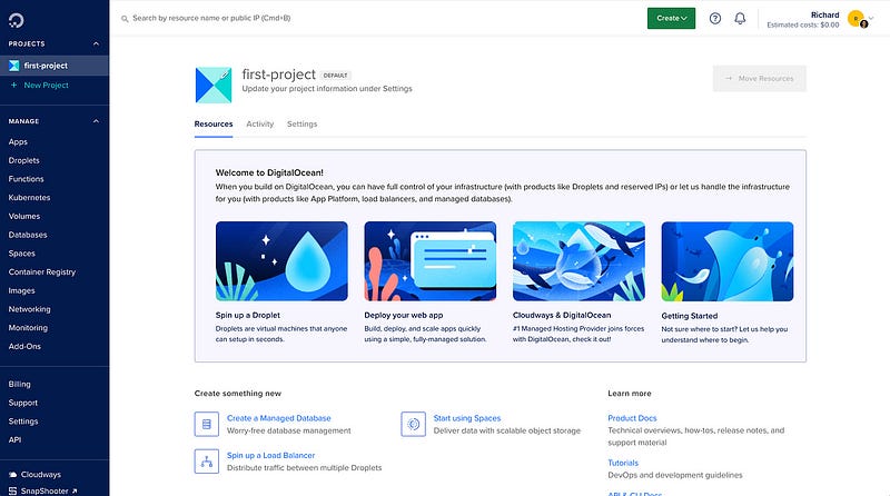 DigitalOcean dashboard
